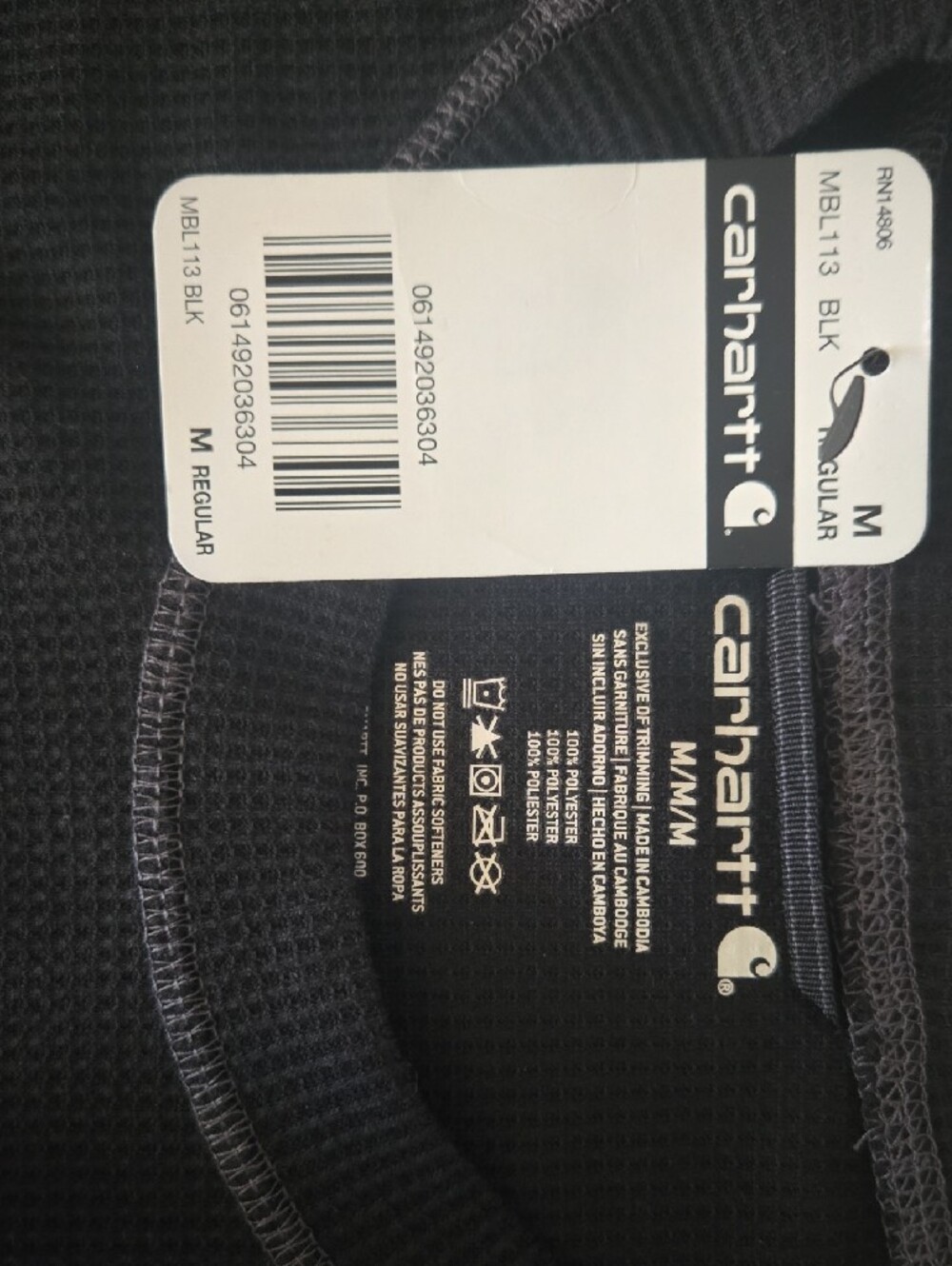 New with Tag Carhartt Black Long-Sleeve Waffle Thermal Shirt Size Medium - Picture 2 of 7
